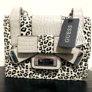Guess Bricken Lulin Mini Flap Bag Leopard Print White Bow Chain Strap NWT
